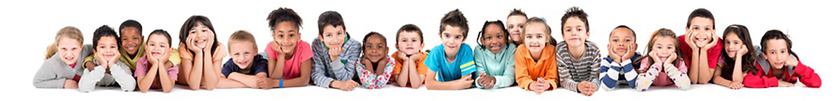 Large group of children posing isolated in white